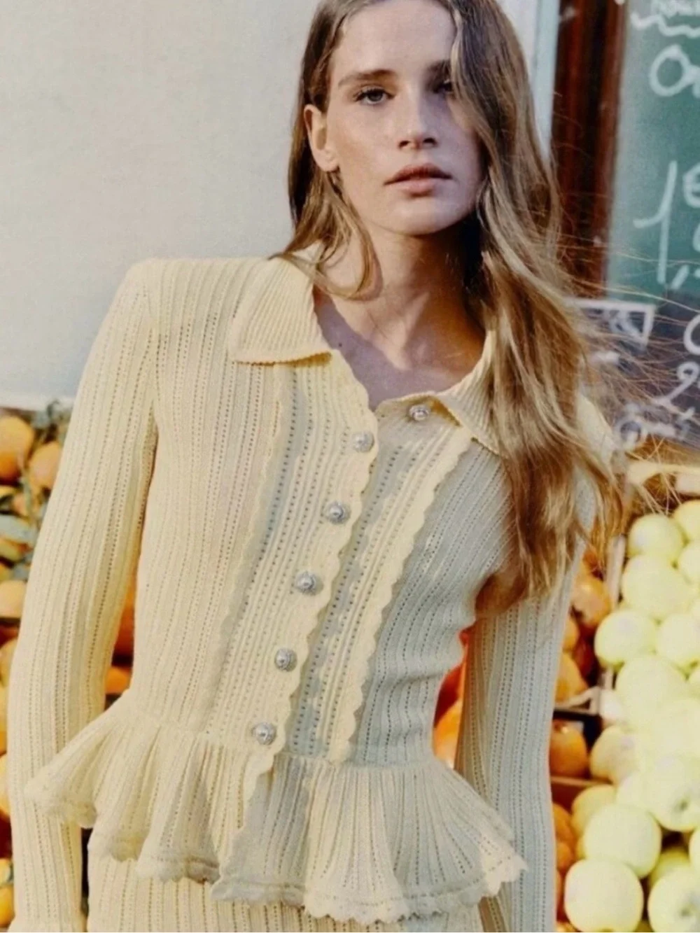 Authentic NWT Self-Portrait Yellow Pointelle Knit Peplum cardigan